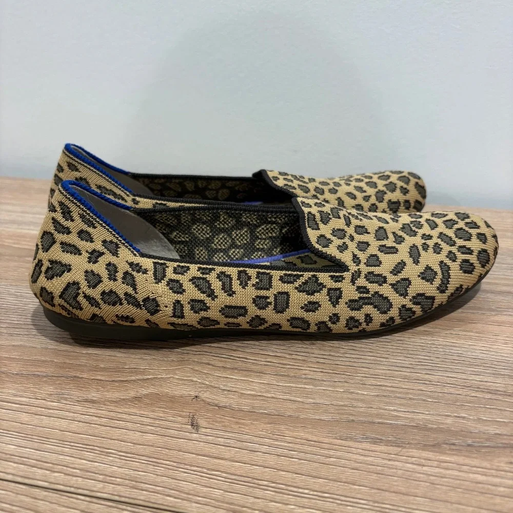 Rothy's The Loafer Leopard Print Flat Shoes Women Tan Black Size 7.5 Knit Animal
